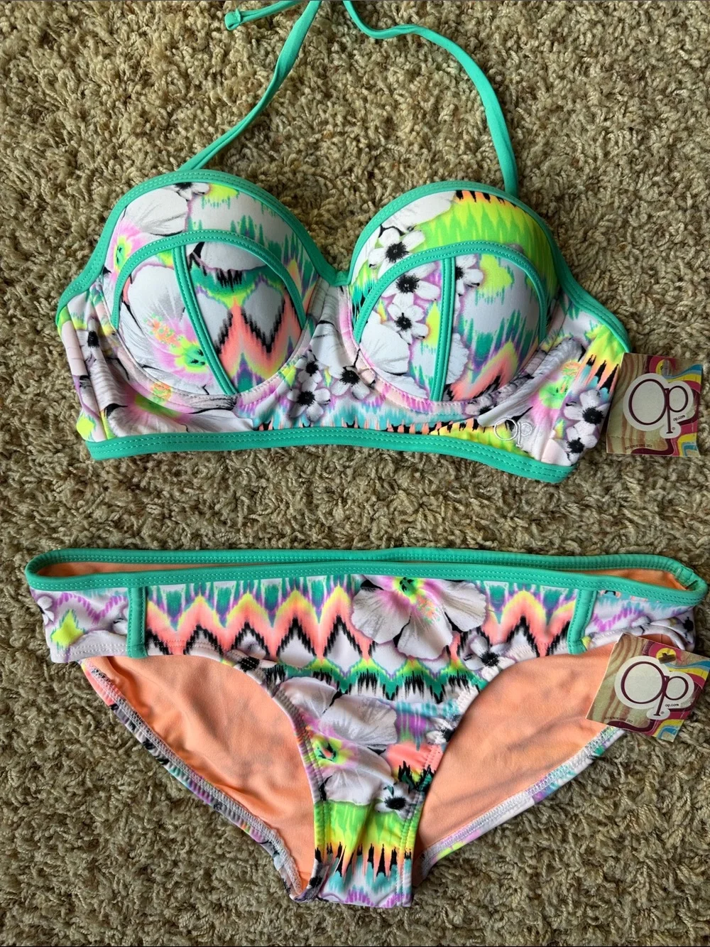 OP Women’s Floral Aztec Bikini in Coral & Mint